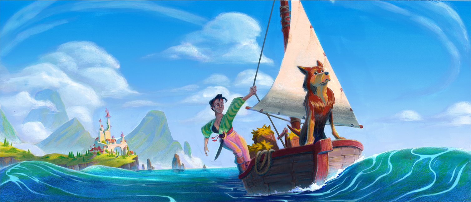 Gouache painting of a pirate and a dog riding a boat across the ocean by Mackenzie Nash.