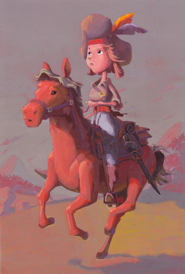Gouache painting of a pirate riding a horse by Mackenzie Nash.