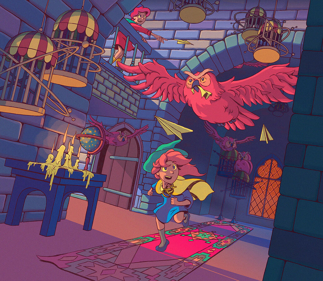 Illustration of a young girl and an owl running through a magic castle by Mackenzie Nash.