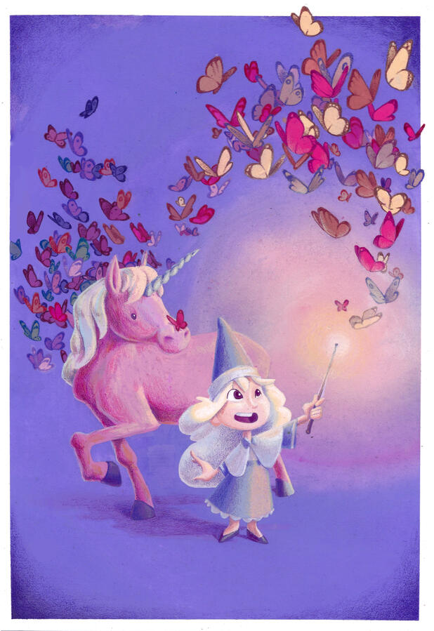 Illustration of a unicorn and a witch casting a spell with butterflies.