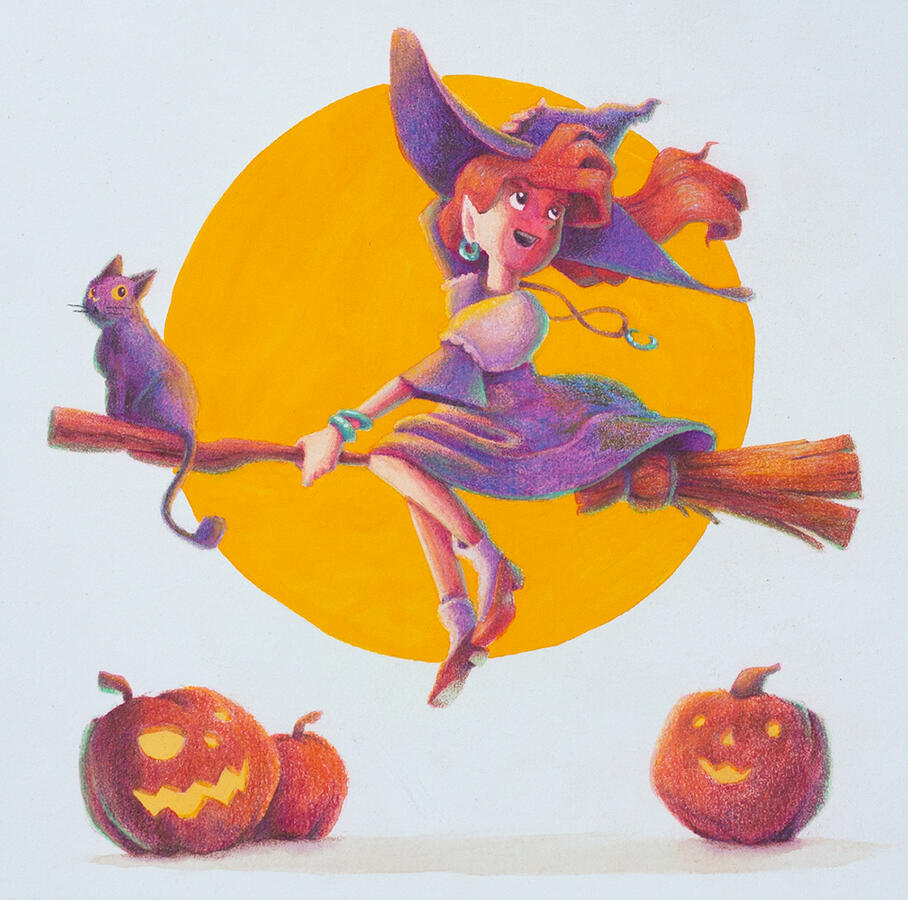 Coloured Pencil Illustration of a witch and her cat riding a broom by Mackenzie Nash.