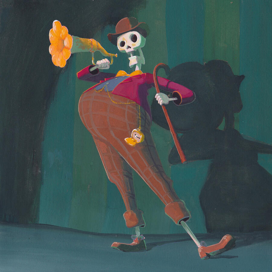 Gouache painting of a skeleton carnival barker by Mackenzie Nash.