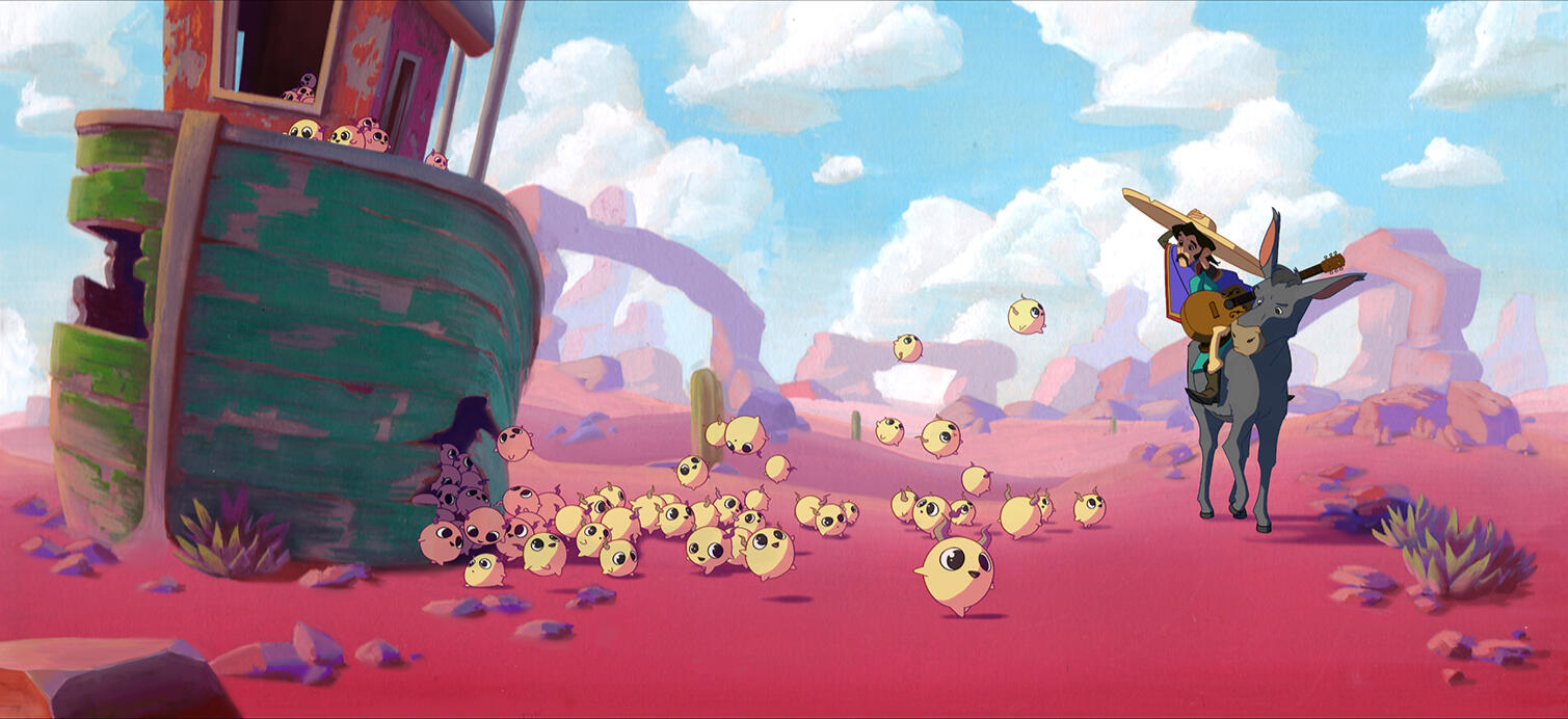 Gouache painting of a cowboy in the desert encountering cute cartoon characters by Mackenzie Nash.