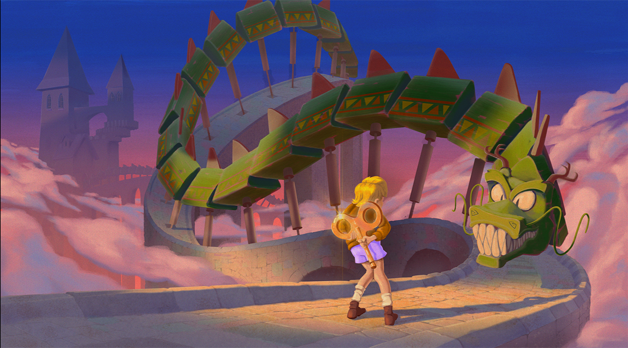 Digital Illustration of a large, wooden dragon and a young boy holding a golden key by Mackenzie Nash.