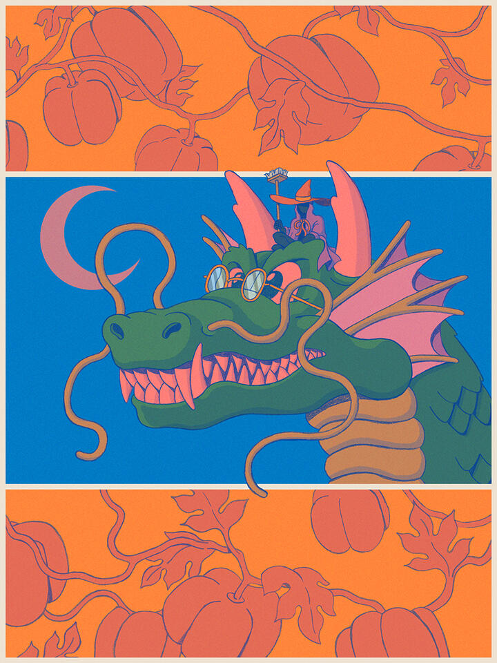Poster of a large dragon in front of a crescent moon by Mackenzie Nash.