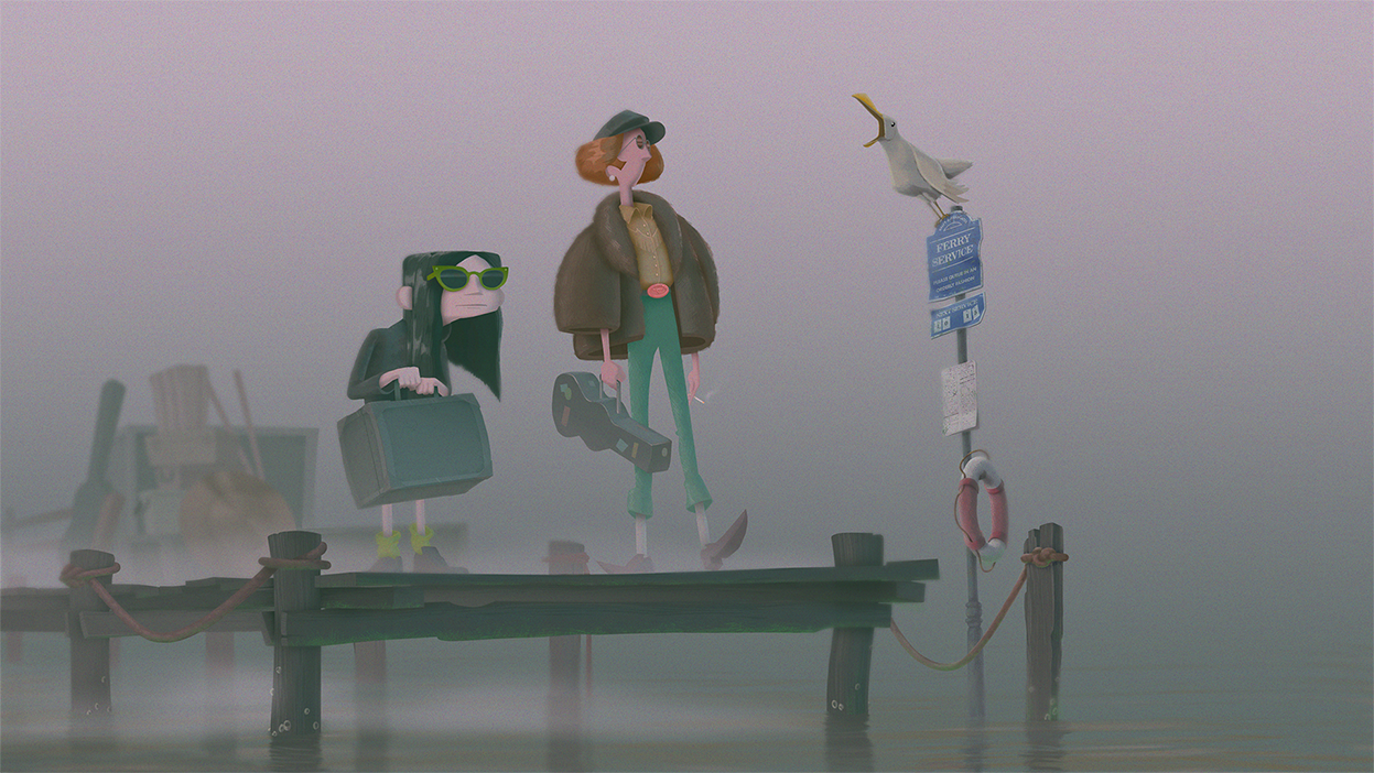 Digital Painting of a band waiting on a foggy dock talking to a seagull by Mackenzie Nash.