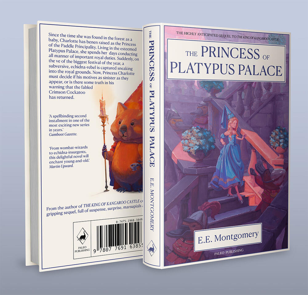 Book cover depicting a painting of a princess walking down a flight of steps in a castle, surrounded by platypuses.