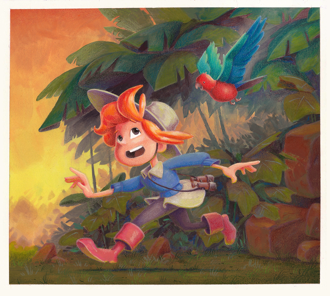 Gouache + Coloured Pencil Illustration of a young boy and a bird running through a forest.