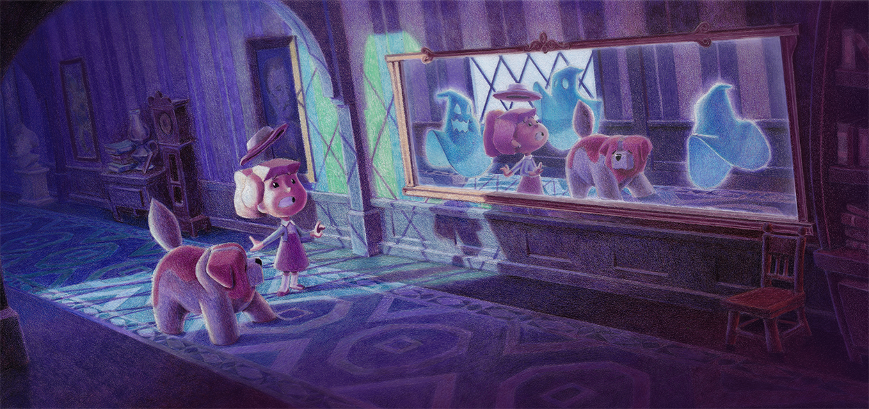 Coloured Pencil Illustration of a young girl and her dog encountering two ghosts in a long hallway.