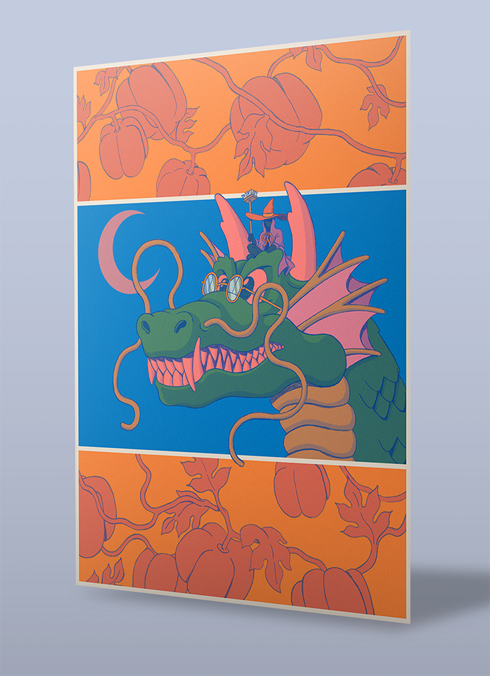 Poster of a large dragon in front of a crescent moon by Mackenzie Nash.