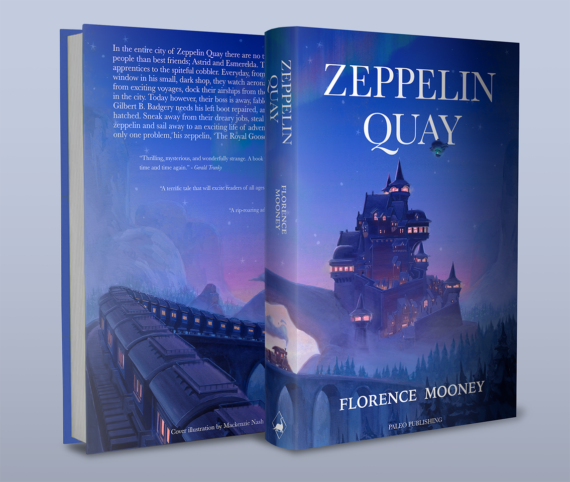 Gouache Painting depicting a train, castle and zeppelin by Mackenzie Nash.