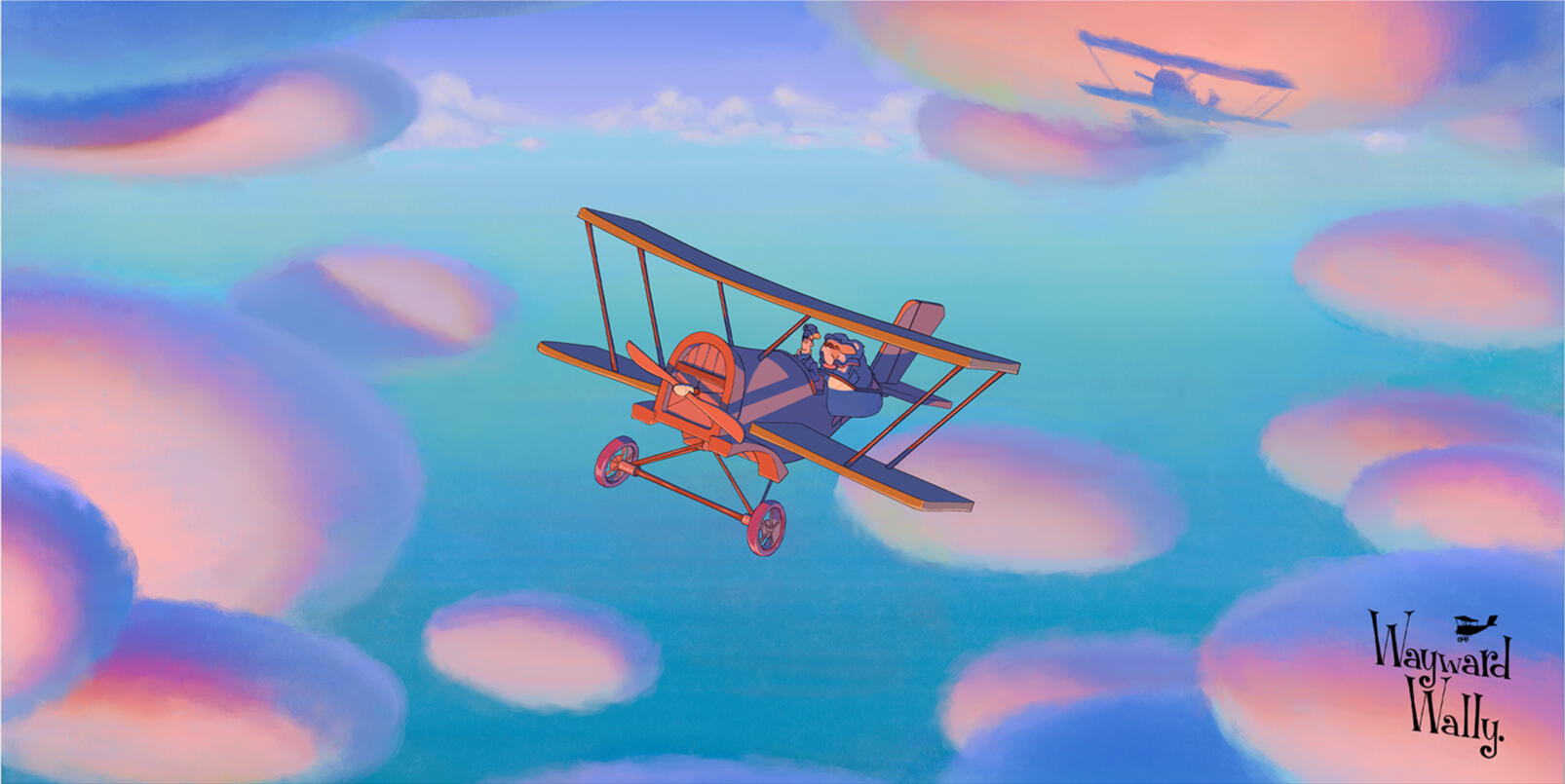 Digital illustration of a plane flying through the clouds for 'Wayward Wally' animated project by Mackenzie Nash.