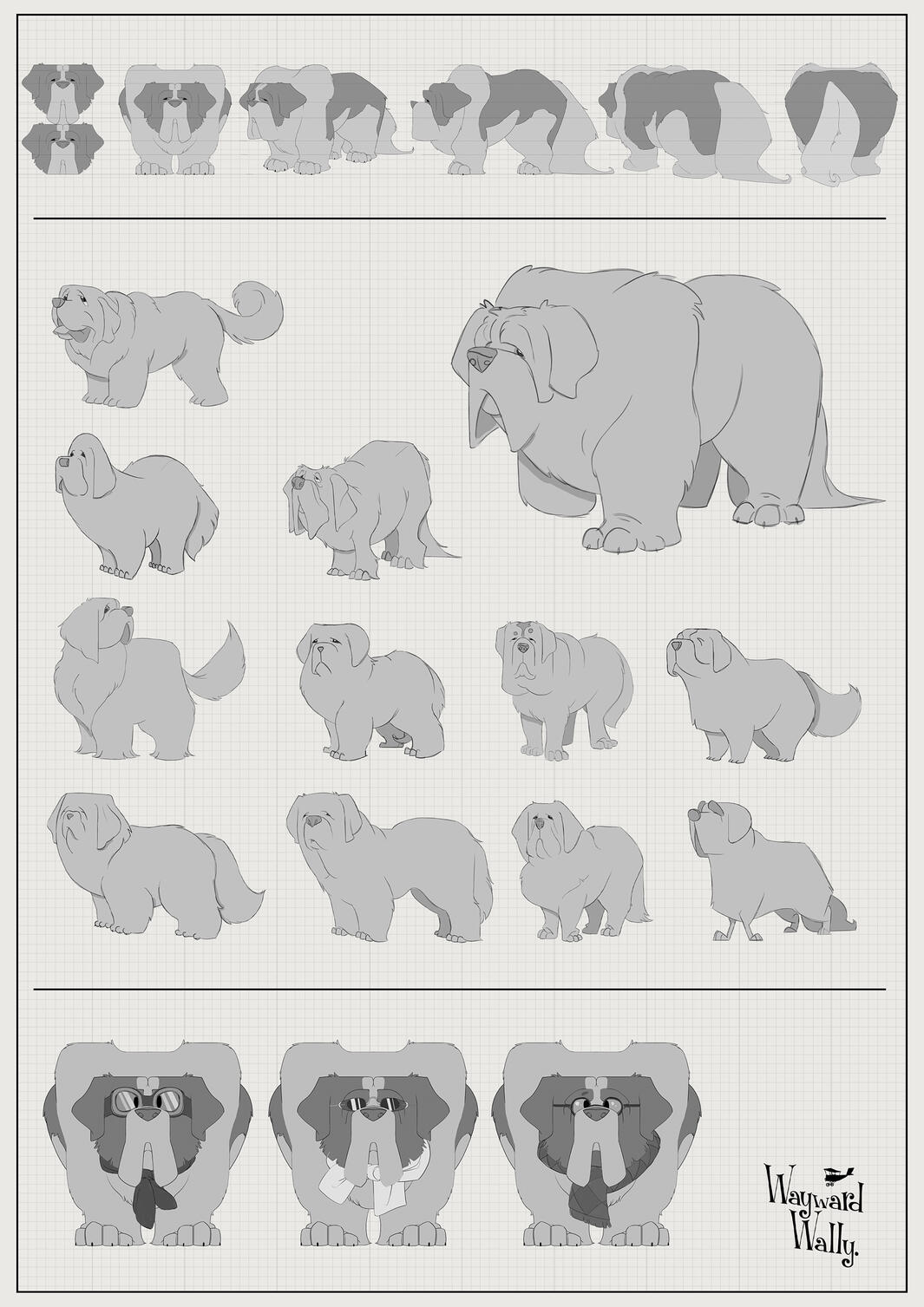 Series of character illustrations of a large dog for 'Wayward Wally' animated project by Mackenzie Nash.