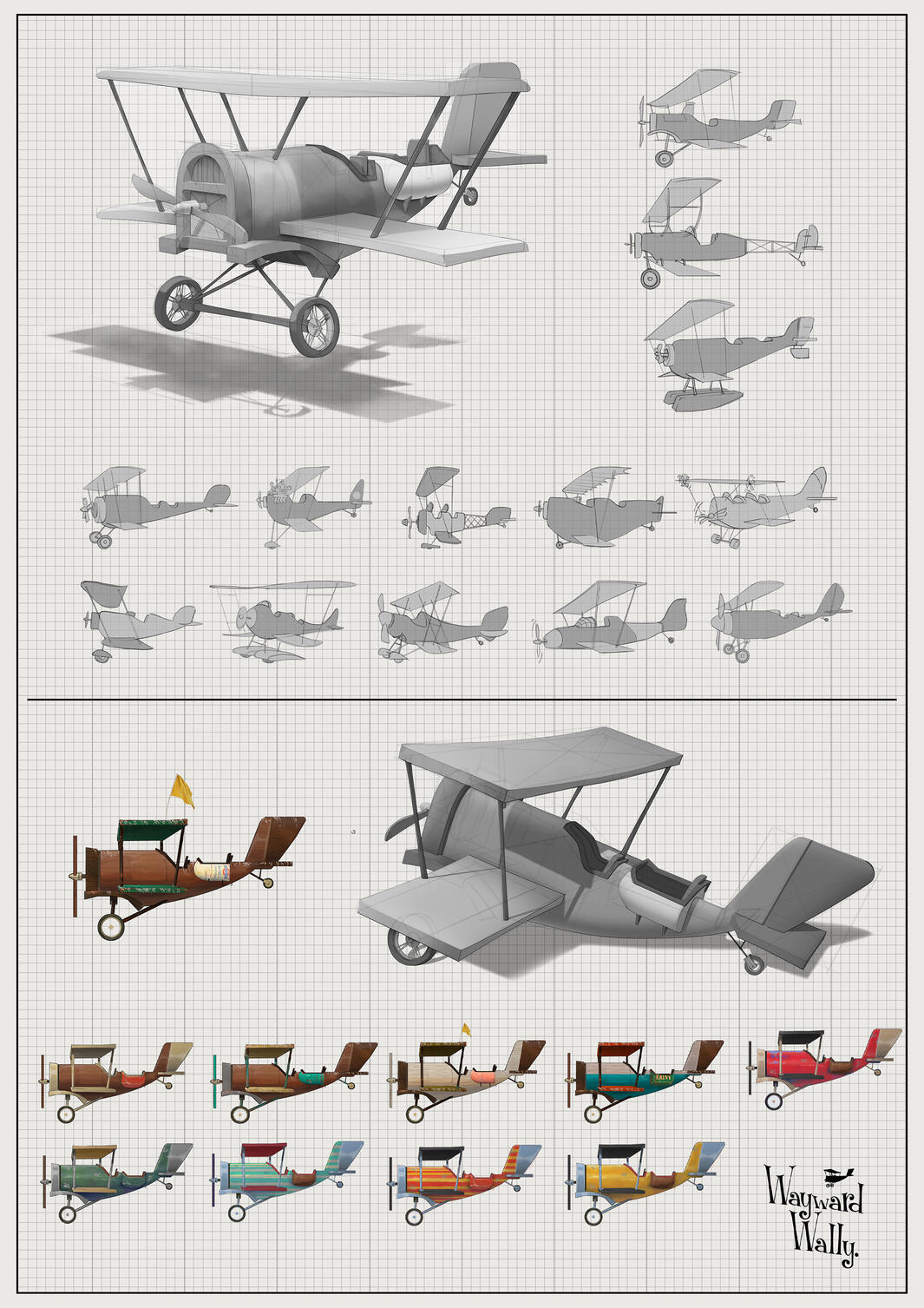 Series of plane designs for 'Wayward Wally' animated project by Mackenzie Nash.